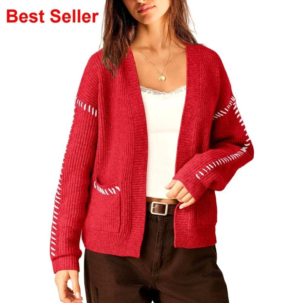 Oversized Cable Knit Cardigan Sweater, Chunky Open Front, Pockets